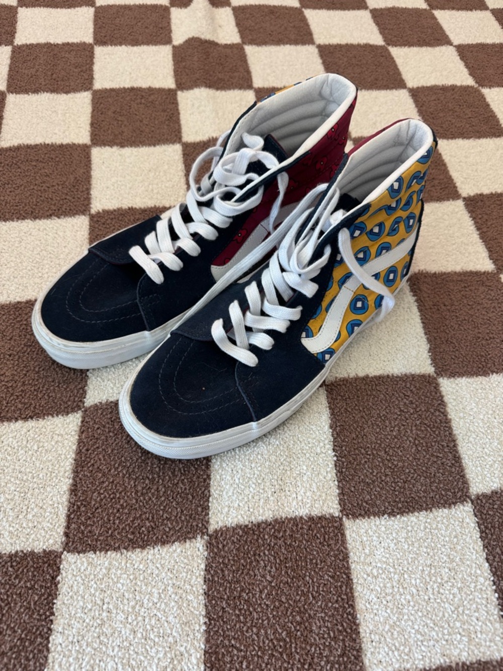 Vans High Top Sneakers in Black, Burgundy & Yellow Pattern
